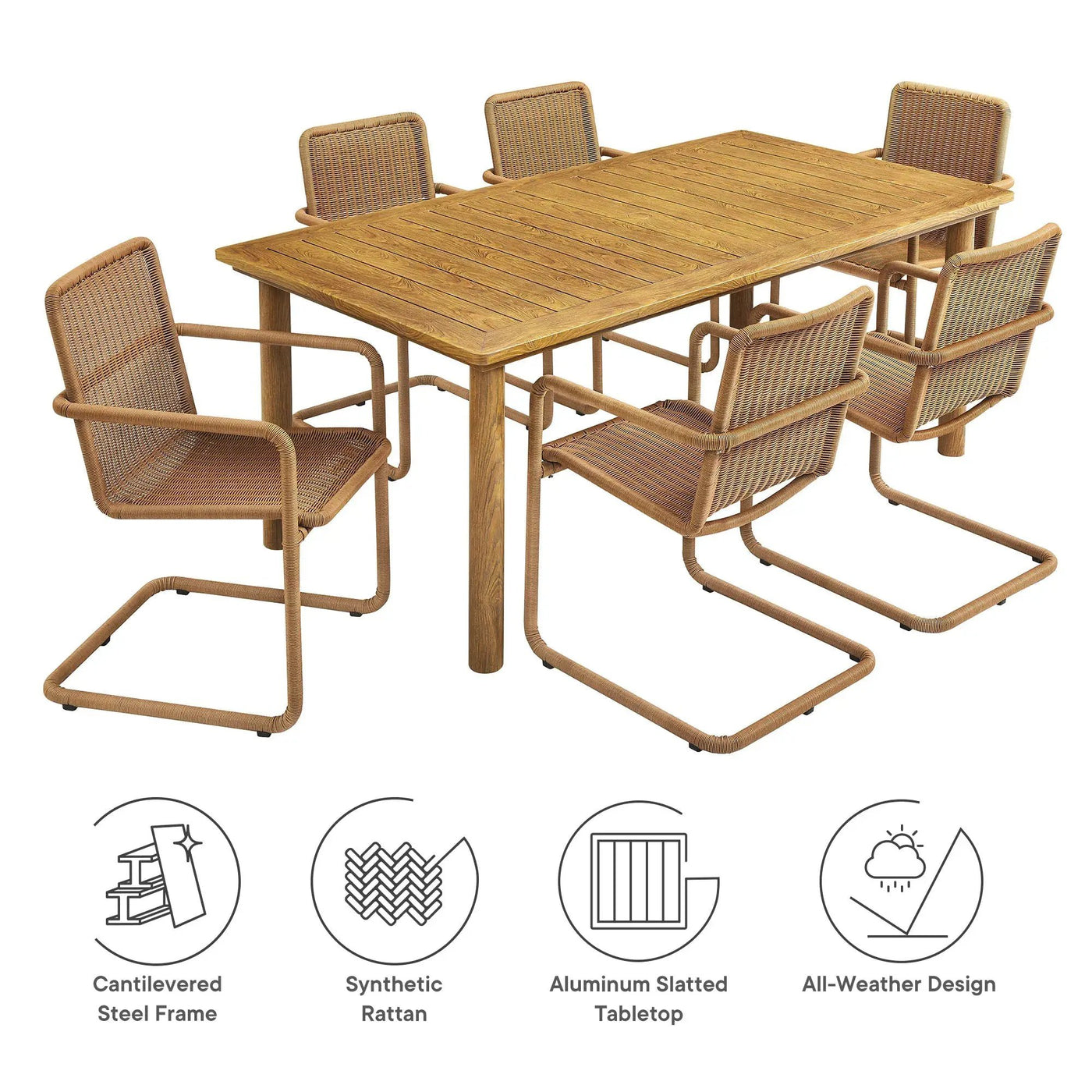 Abacus 7-Piece Rectangular Outdoor Patio Aluminum Dining Table Set with Rattan Armchairs by HouseOfZazla