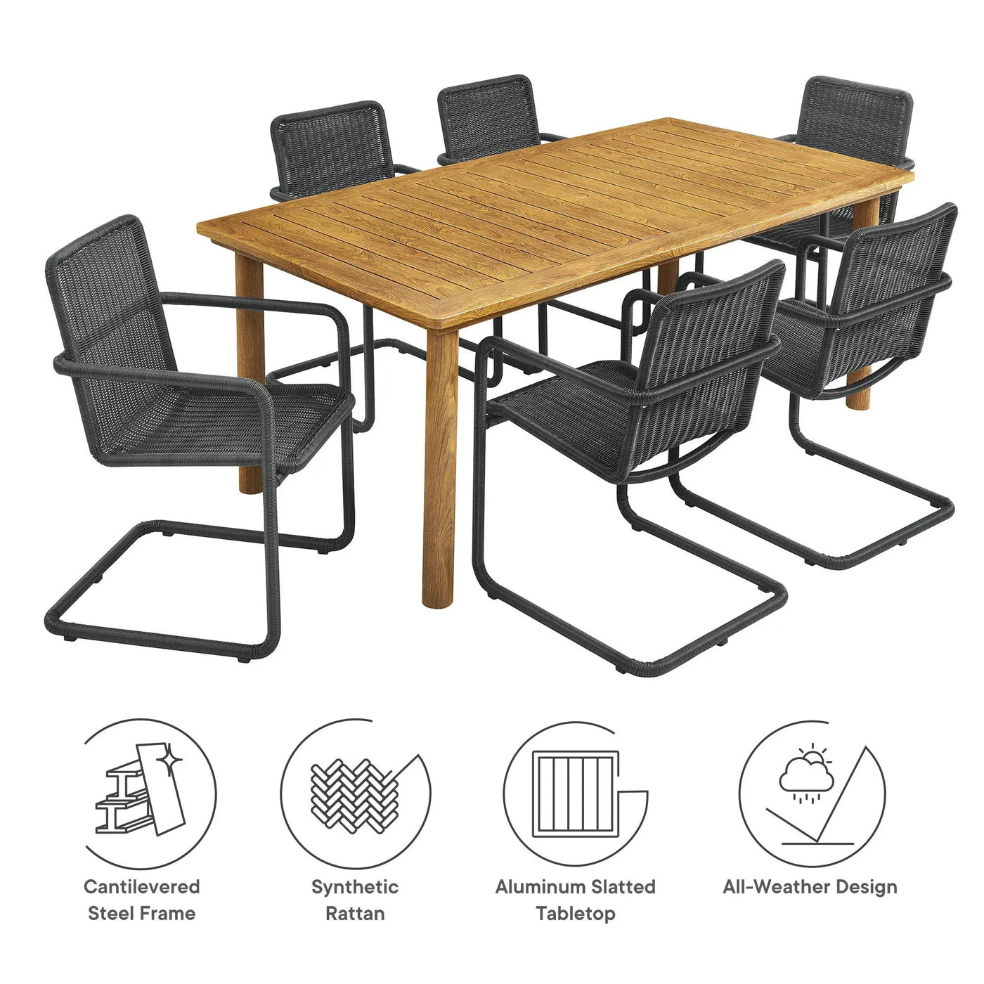 Abacus 7-Piece Rectangular Outdoor Patio Aluminum Dining Table Set with Rattan Armchairs by HouseOfZazla