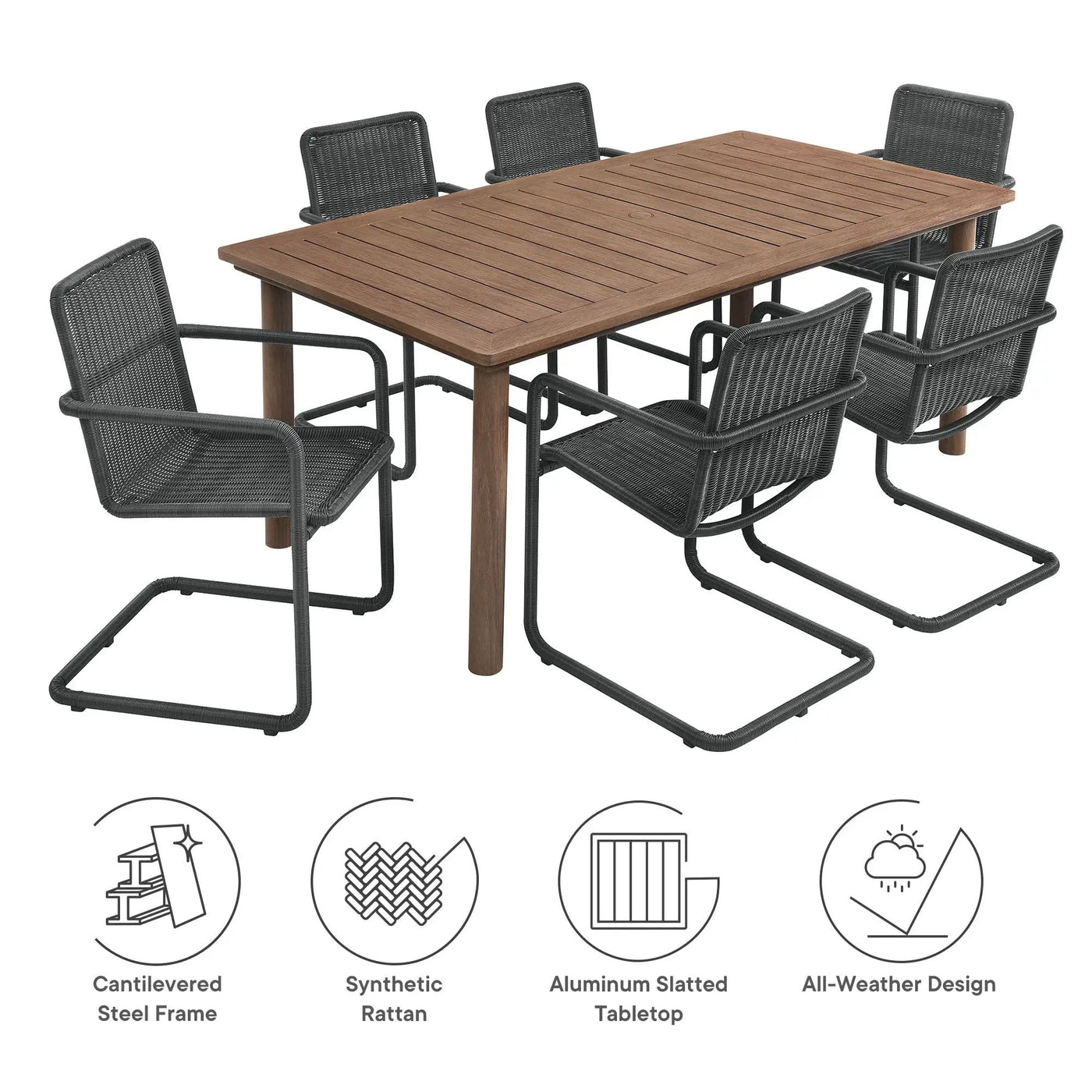 Abacus 7-Piece Rectangular Outdoor Patio Aluminum Dining Table Set with Rattan Armchairs by HouseOfZazla
