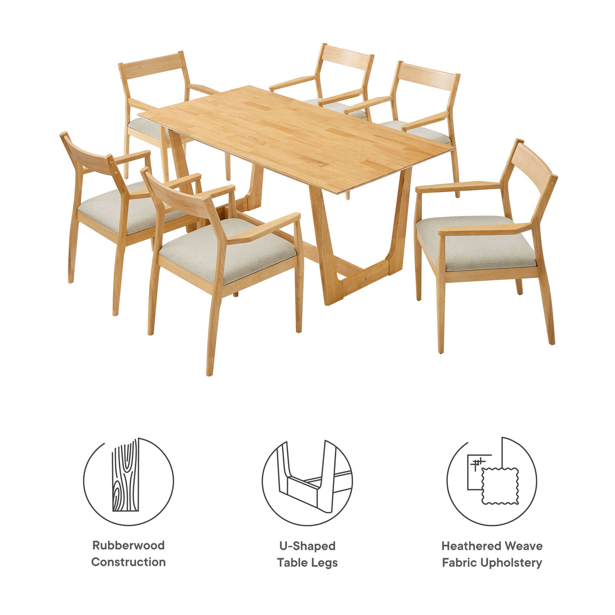 Solara 7-Piece Wood Dining Set with Fabric Upholstered Armchairs by Modway, photo 4 of 24