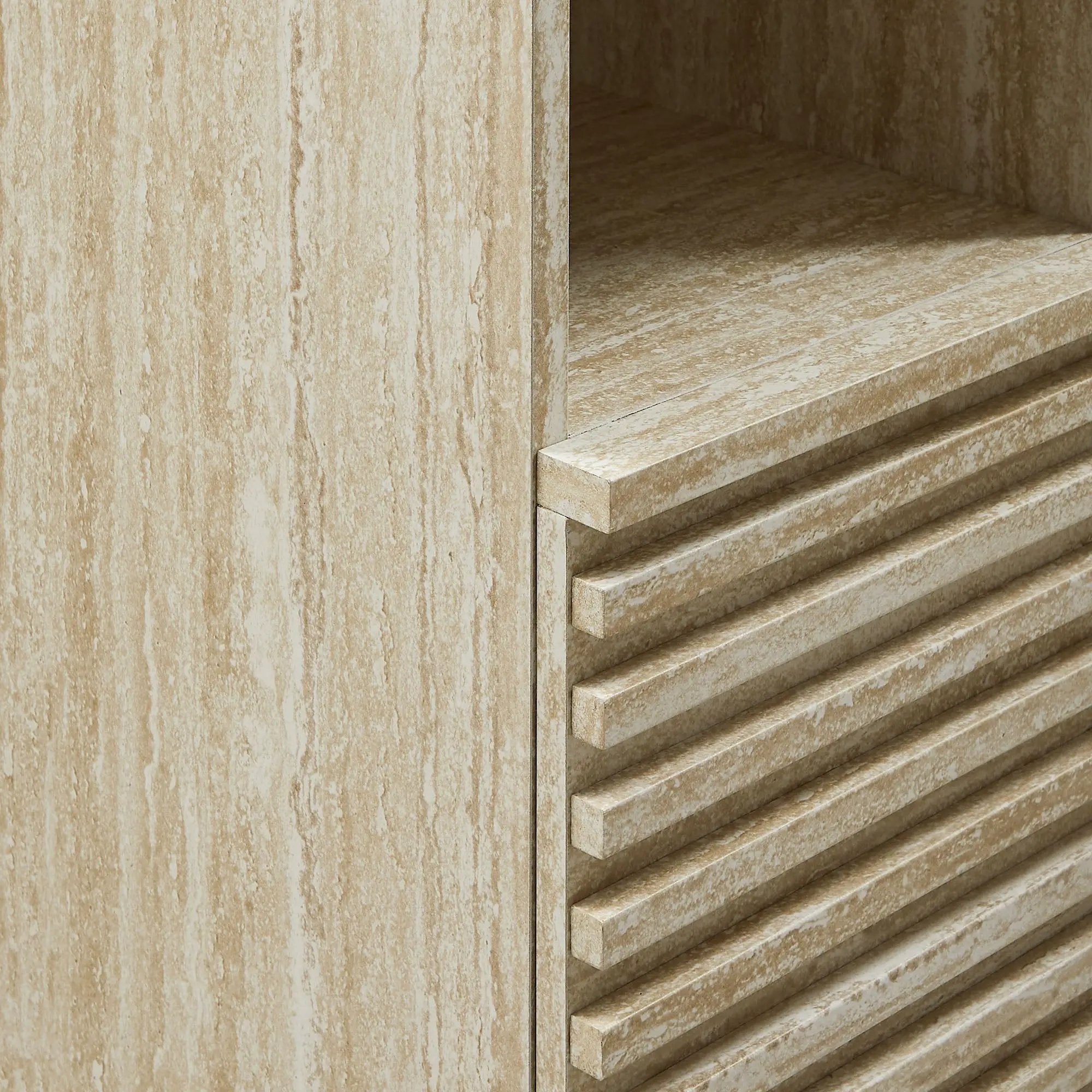 Render Tall Narrow Faux Travertine Linen Storage Cabinet by HouseOfZazla