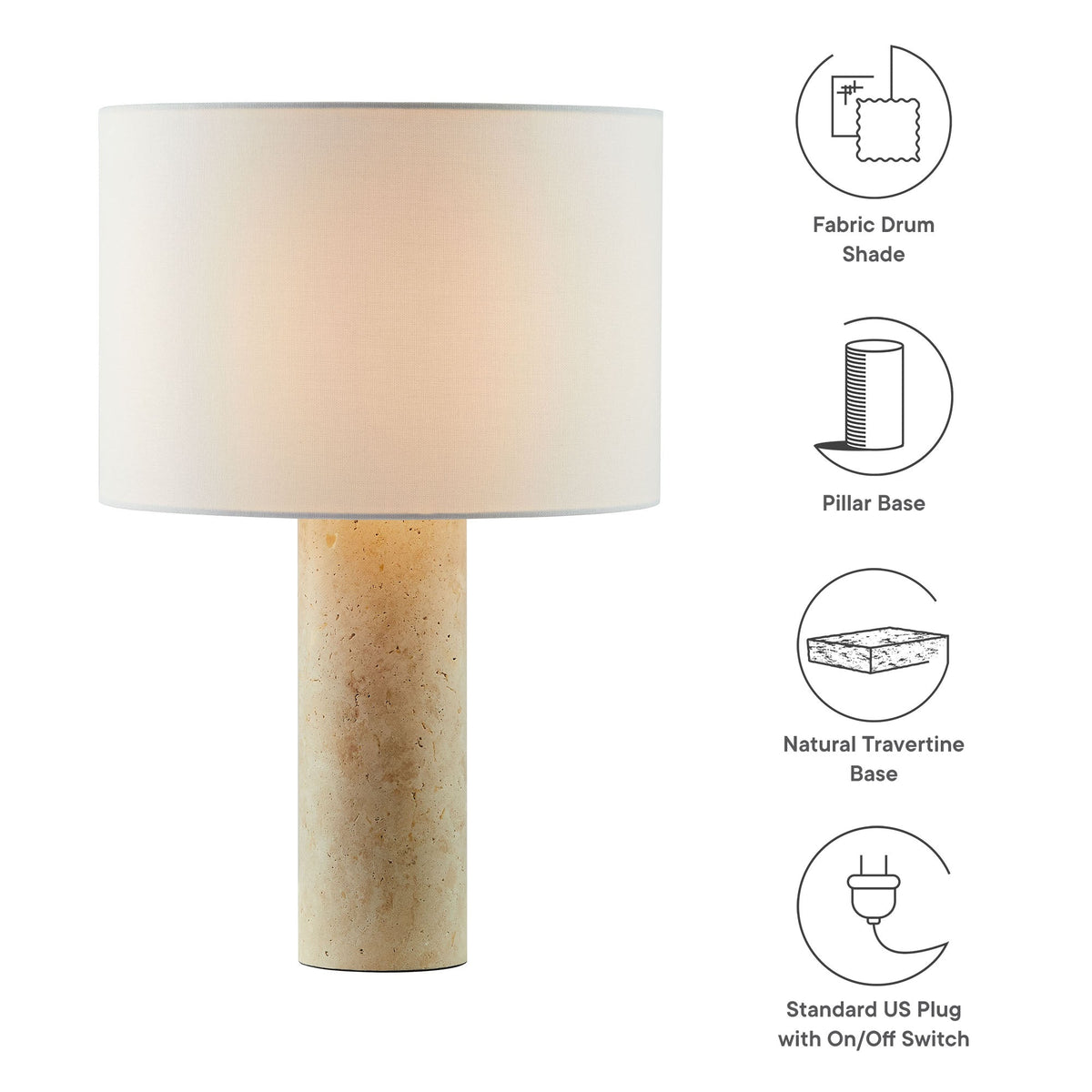 Zenith Travertine Table Lamp With Fabric Drum Shade by Modway, photo 3 of 12