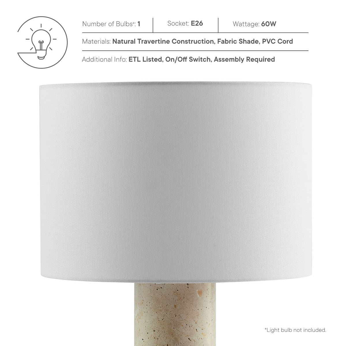 Zenith Travertine Table Lamp With Fabric Drum Shade by Modway, photo 4 of 12