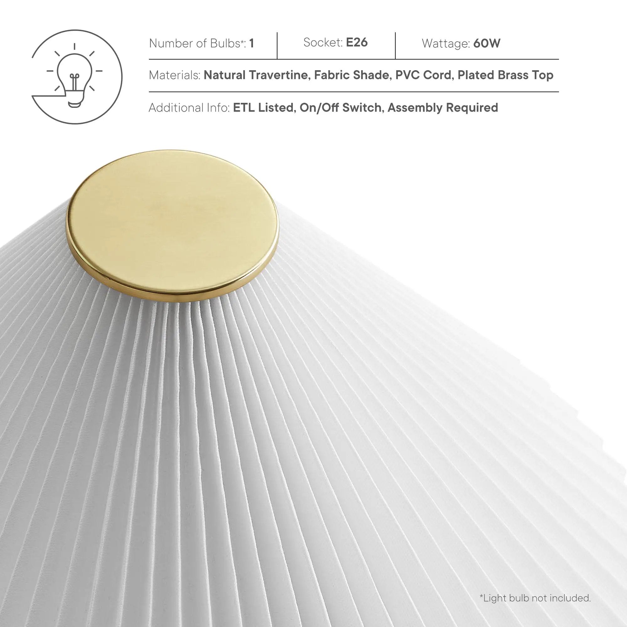 Cove Travertine Table Lamp With Pleated Shade by Modway by HouseOfZazla