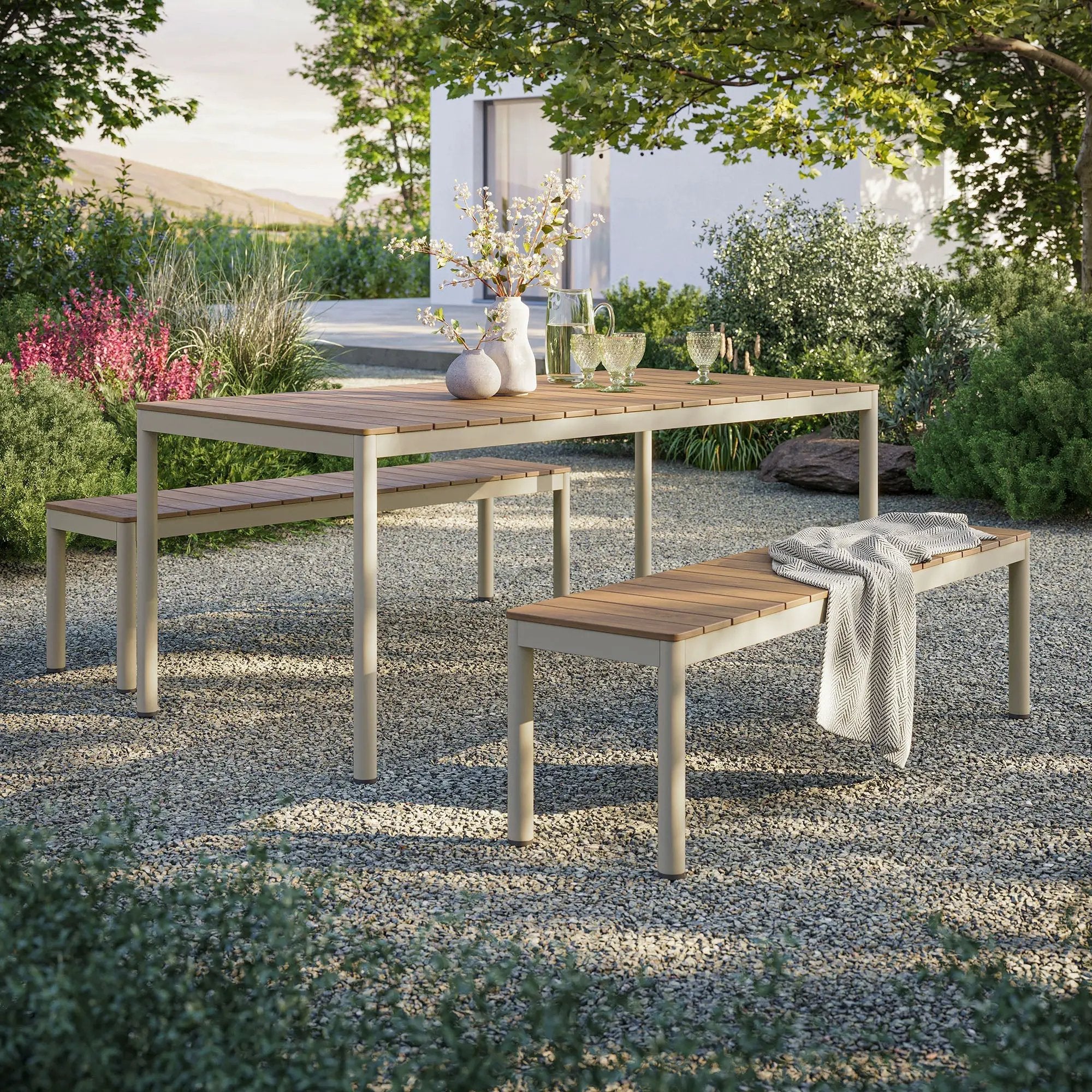 Finn Outdoor Patio Aluminum Faux Wood Dining Set with Benches by Modway by HouseOfZazla
