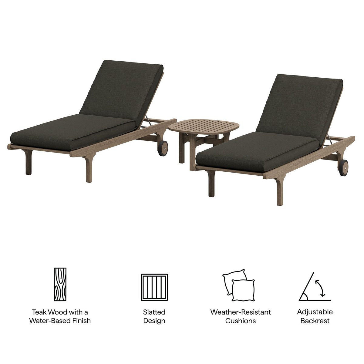 Saratoga Outdoor Patio Teak Wood 3-Piece Chaise Lounge Furniture Set by Modway, photo 2 of 32