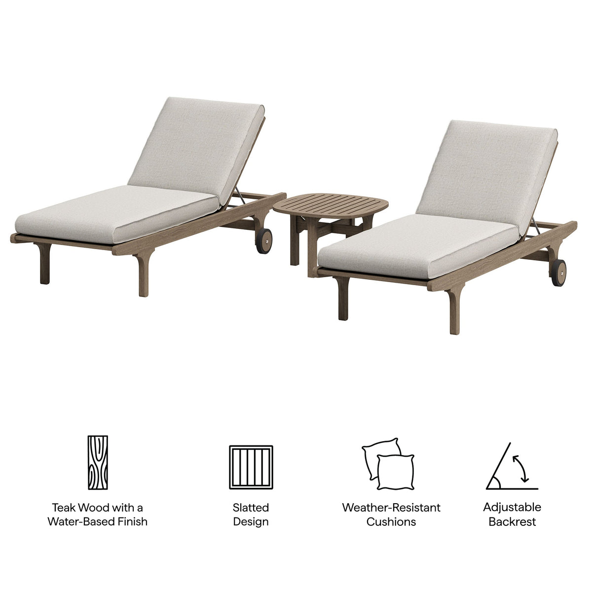 Saratoga Outdoor Patio Teak Wood 3-Piece Chaise Lounge Furniture Set by Modway, photo 14 of 32