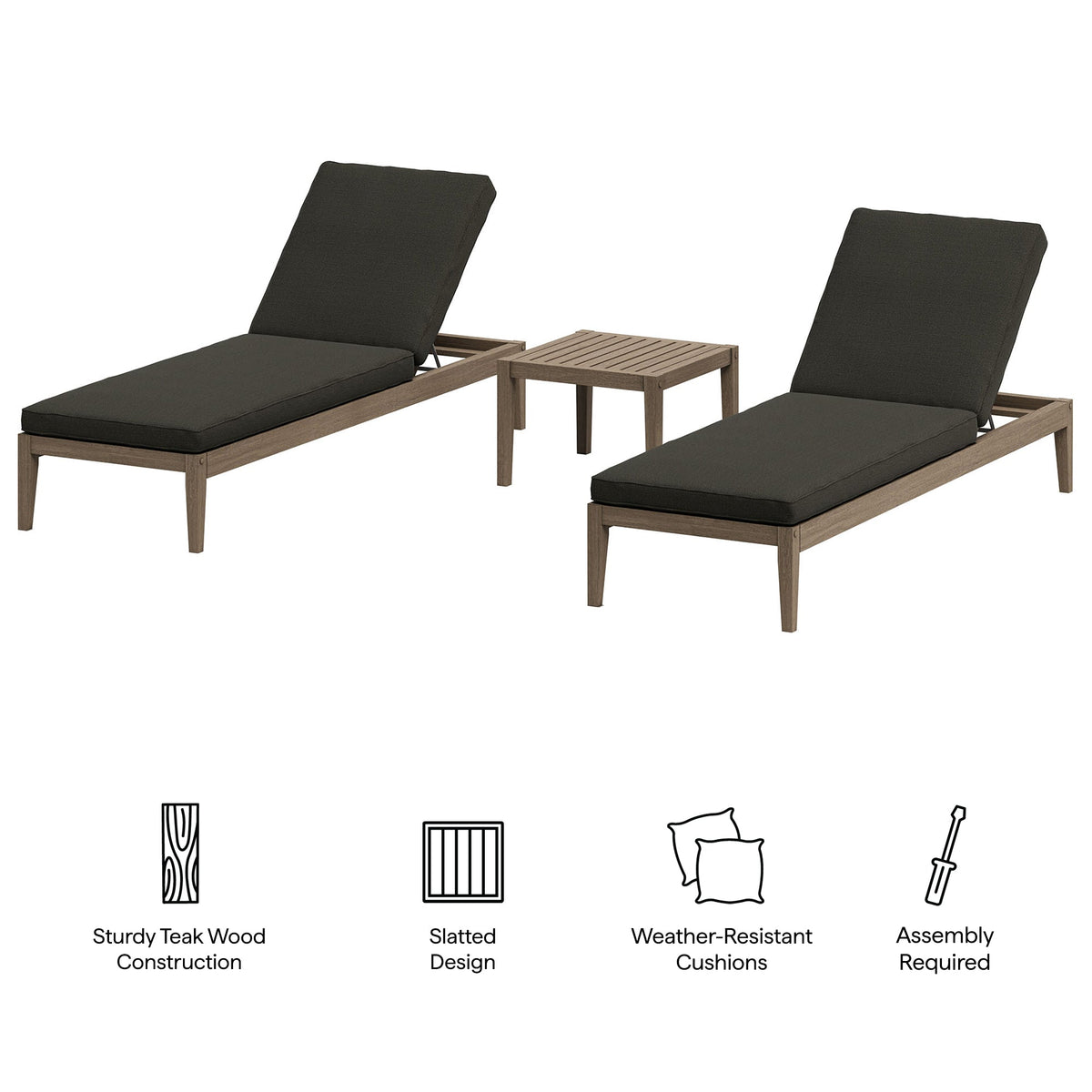 Northlake 3-Piece Outdoor Patio Teak Wood Furniture Set with Chaise Lounges and Side Table by Modway, photo 2 of 31