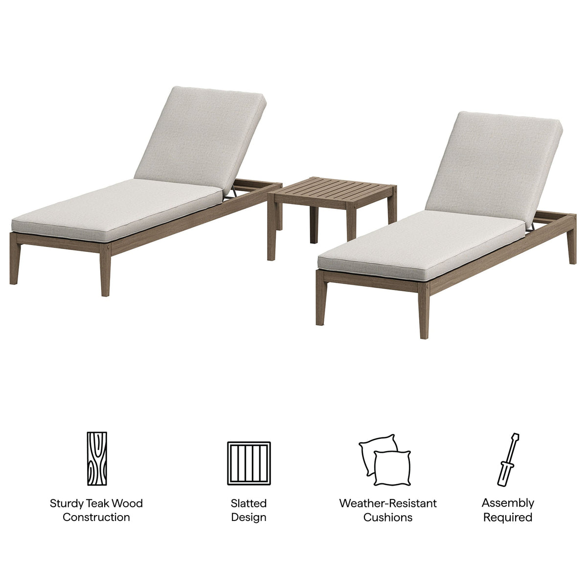 Northlake 3-Piece Outdoor Patio Teak Wood Furniture Set with Chaise Lounges and Side Table by Modway, photo 14 of 31