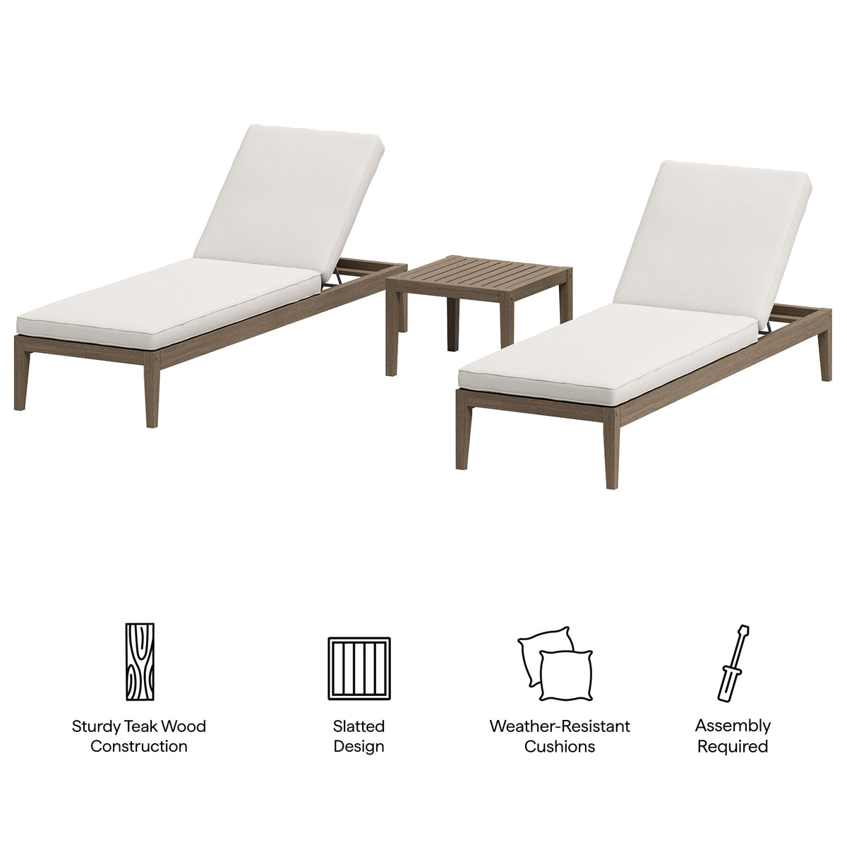 Northlake 3-Piece Outdoor Patio Teak Wood Furniture Set with Chaise Lounges and Side Table by Modway, photo 23 of 31