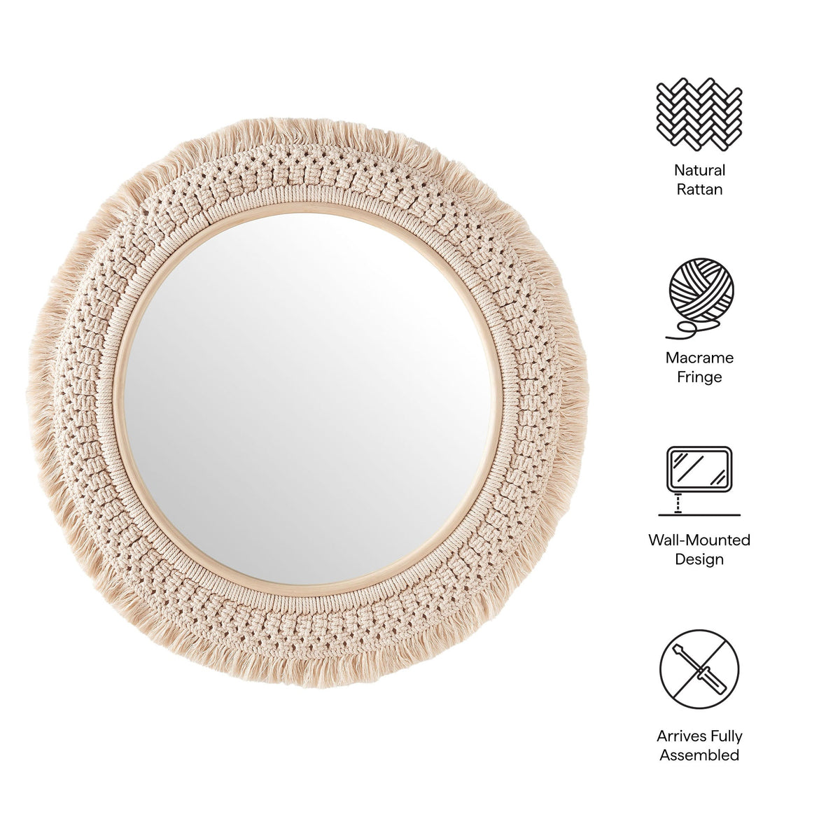 Jade Round Rattan Macrame Wall Mirror by Modway, photo 3 of 7