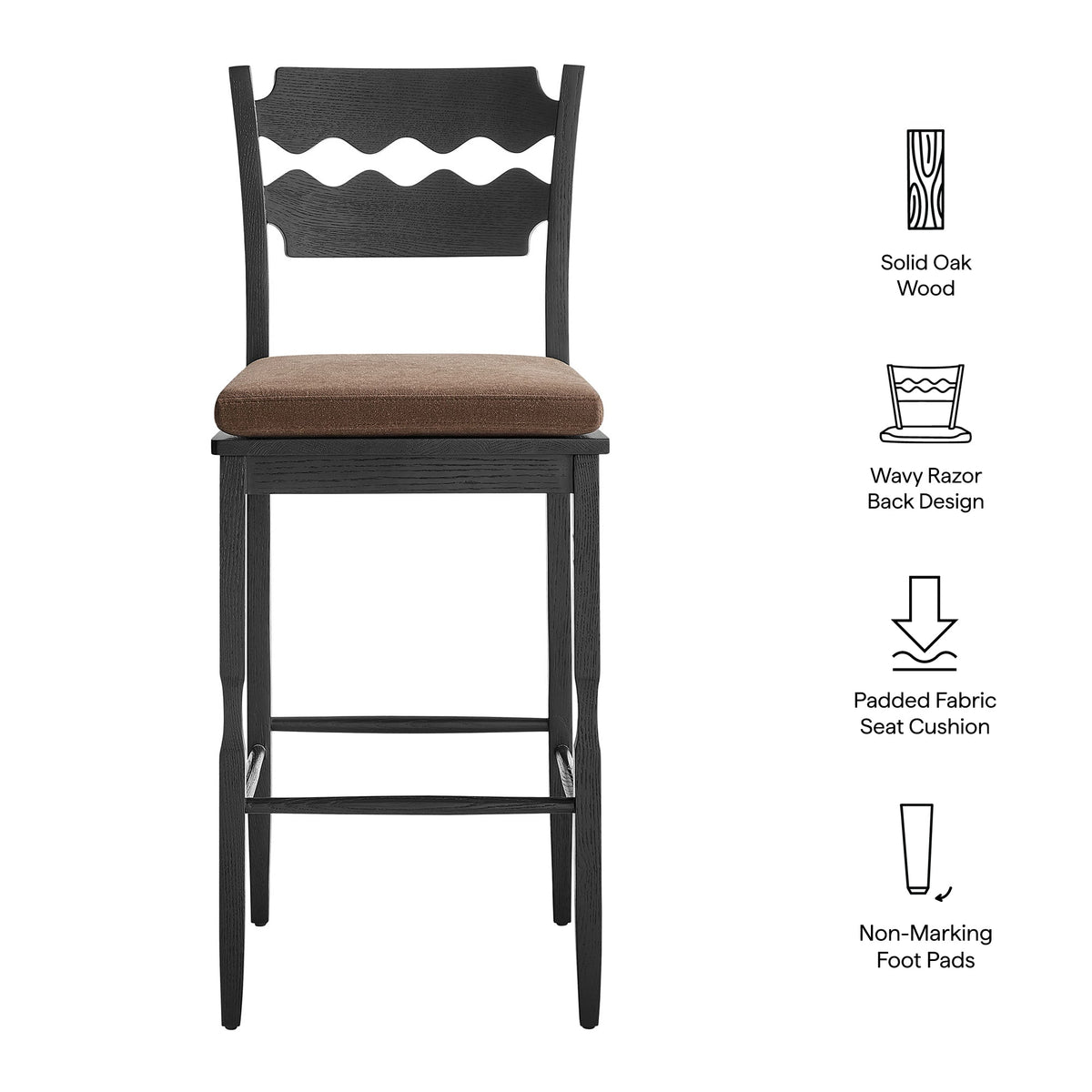 Jax Oak Wood Bar Stool With Wavy Razor Back and Cushion by Modway, photo 2 of 44