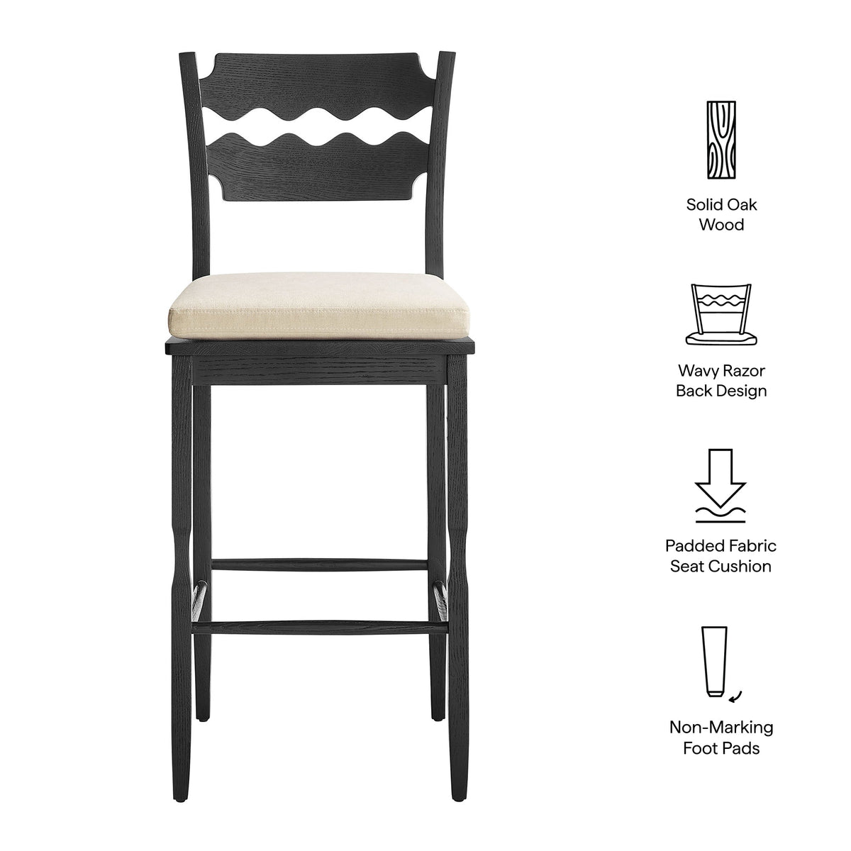 Jax Oak Wood Bar Stool With Wavy Razor Back and Cushion by Modway, photo 12 of 44