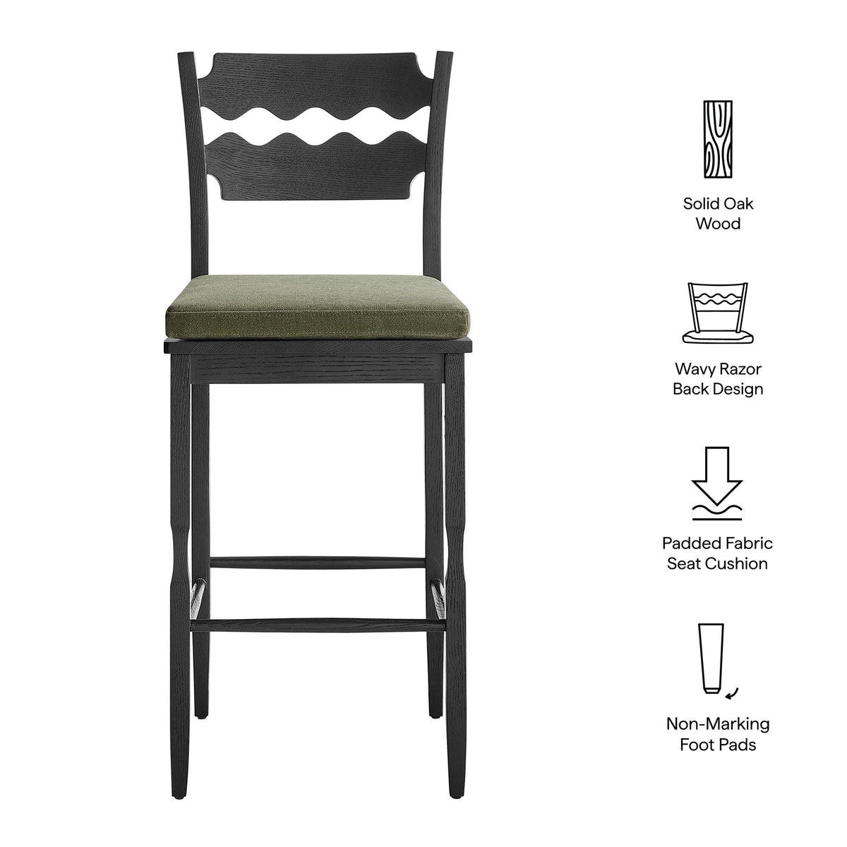 Jax Oak Wood Bar Stool With Wavy Razor Back and Cushion by Modway, photo 32 of 44