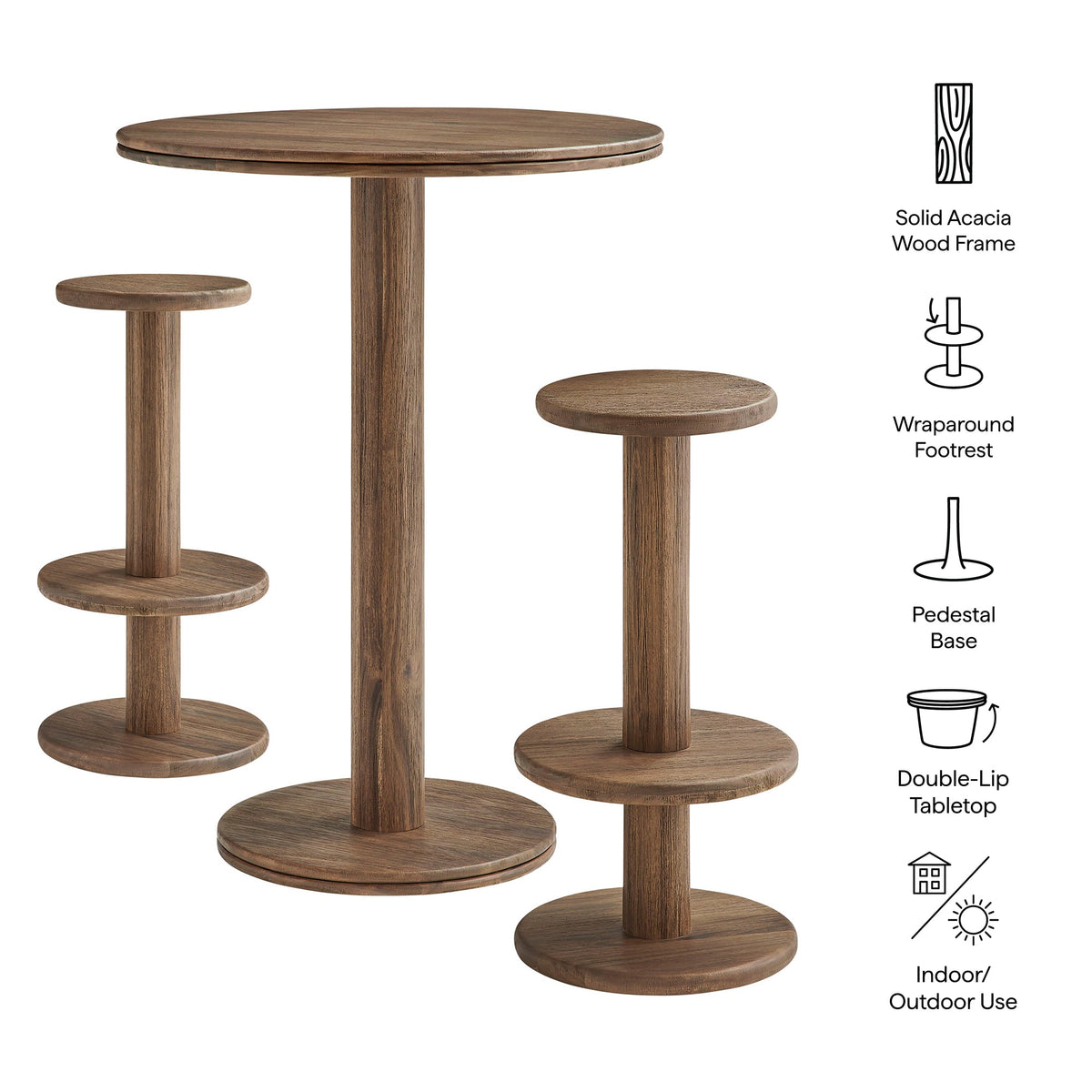 Neo 3-Piece Round Indoor - Outdoor Patio Patio Wood Bar Table And Stool Set by Modway, photo 14 of 24