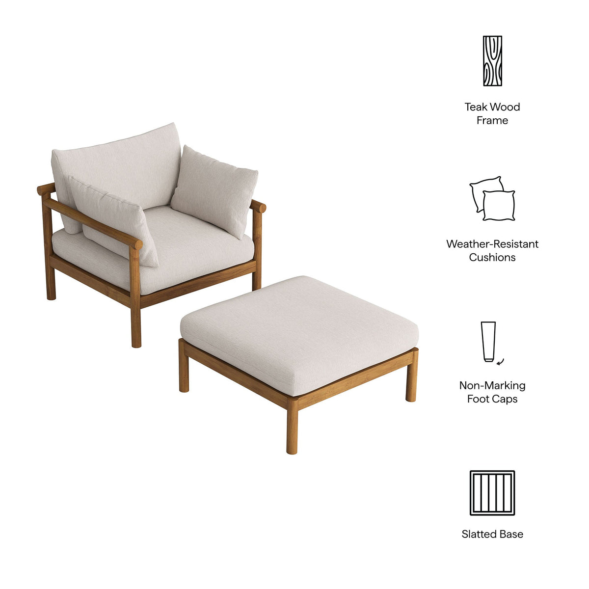 Eleni 2-Piece Outdoor Patio Teak Wood Armchair and Ottoman Set by Modway, photo 2 of 30