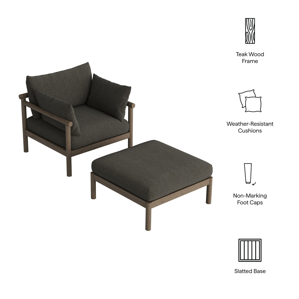 Eleni 2-Piece Outdoor Patio Teak Wood Armchair and Ottoman Set by Modway, photo 12 of 30