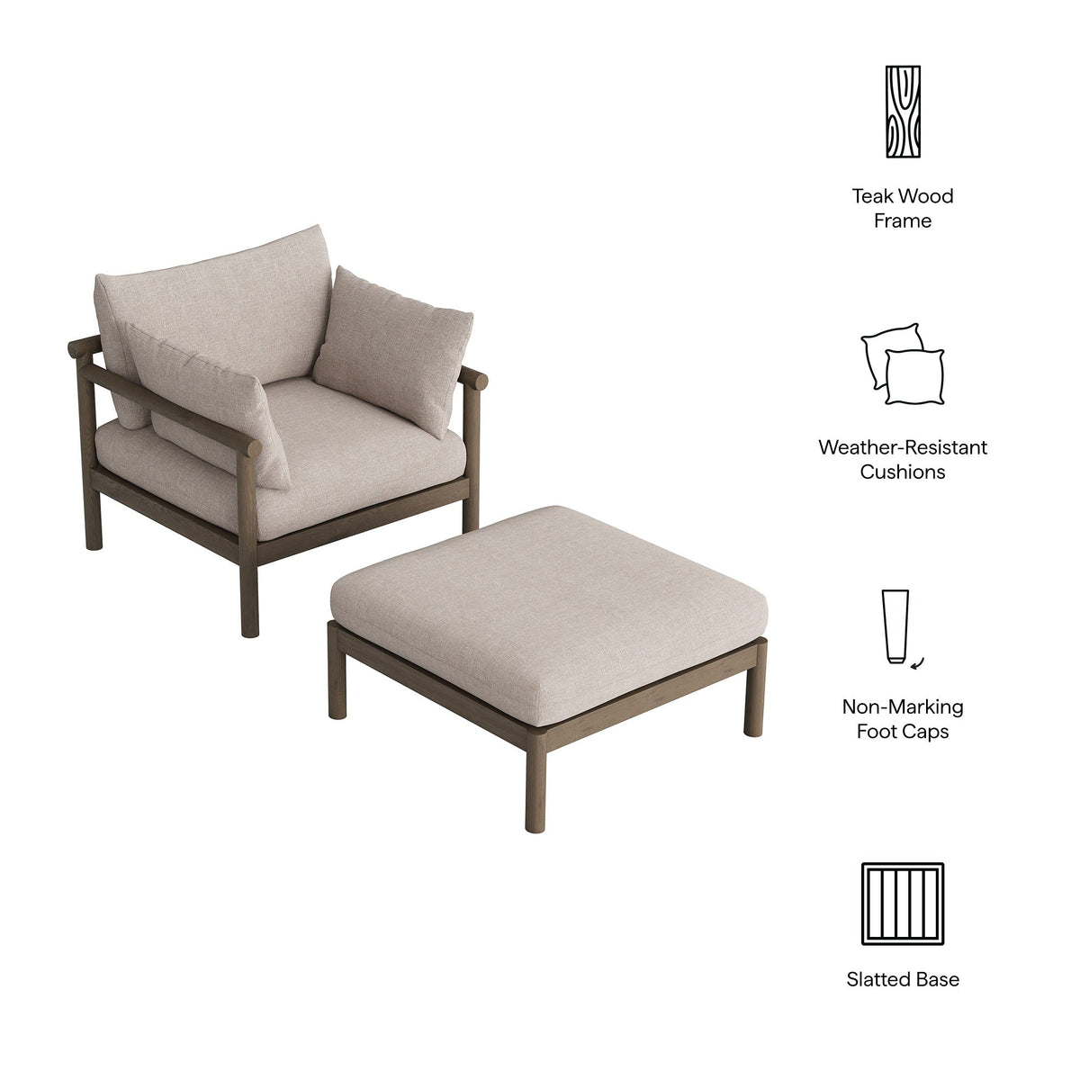 Eleni 2-Piece Outdoor Patio Teak Wood Armchair and Ottoman Set by Modway, photo 22 of 30