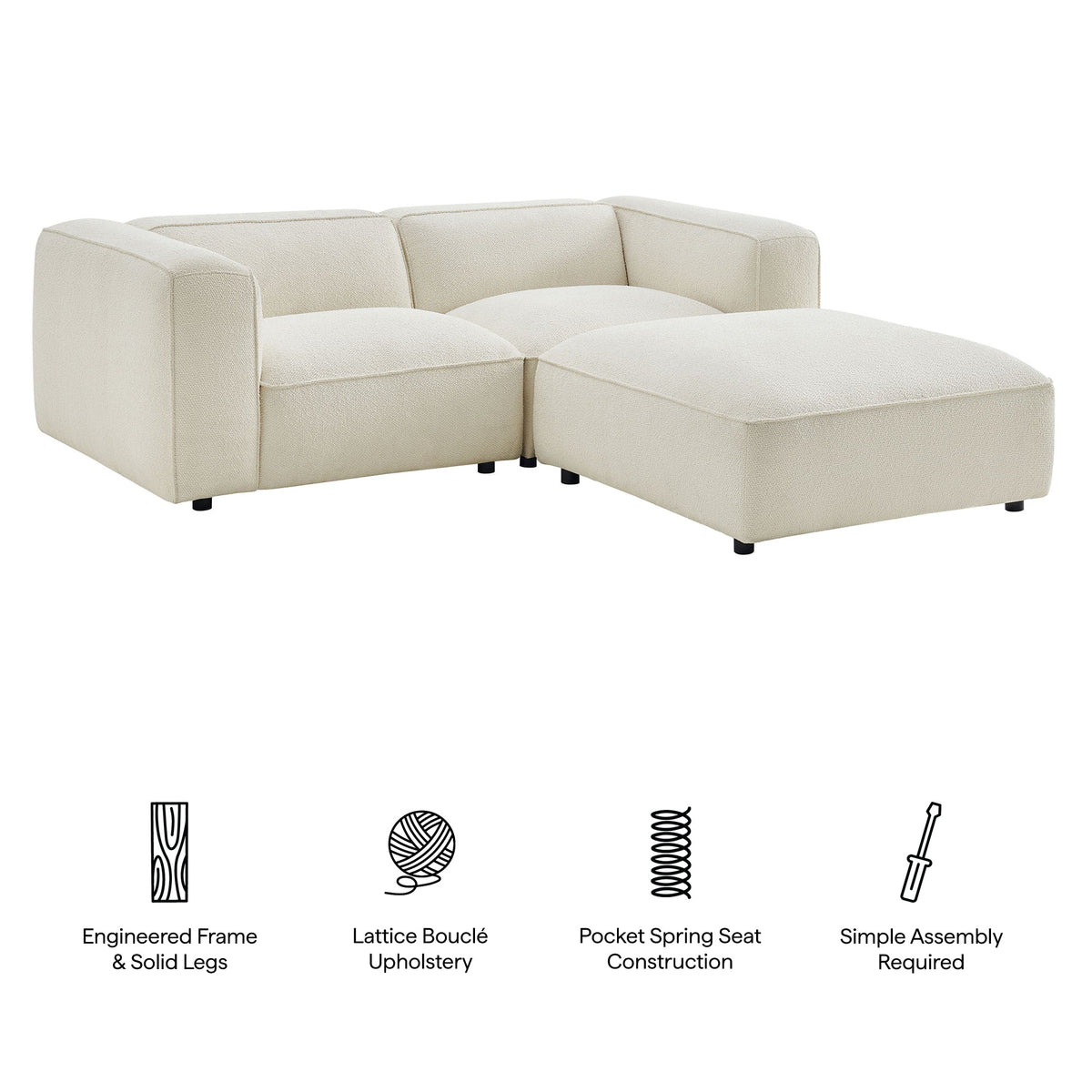 Auren 3 Piece Lattice Bouclé Upholstered Modular Loveseat with Ottoman by Modway, photo 2 of 21