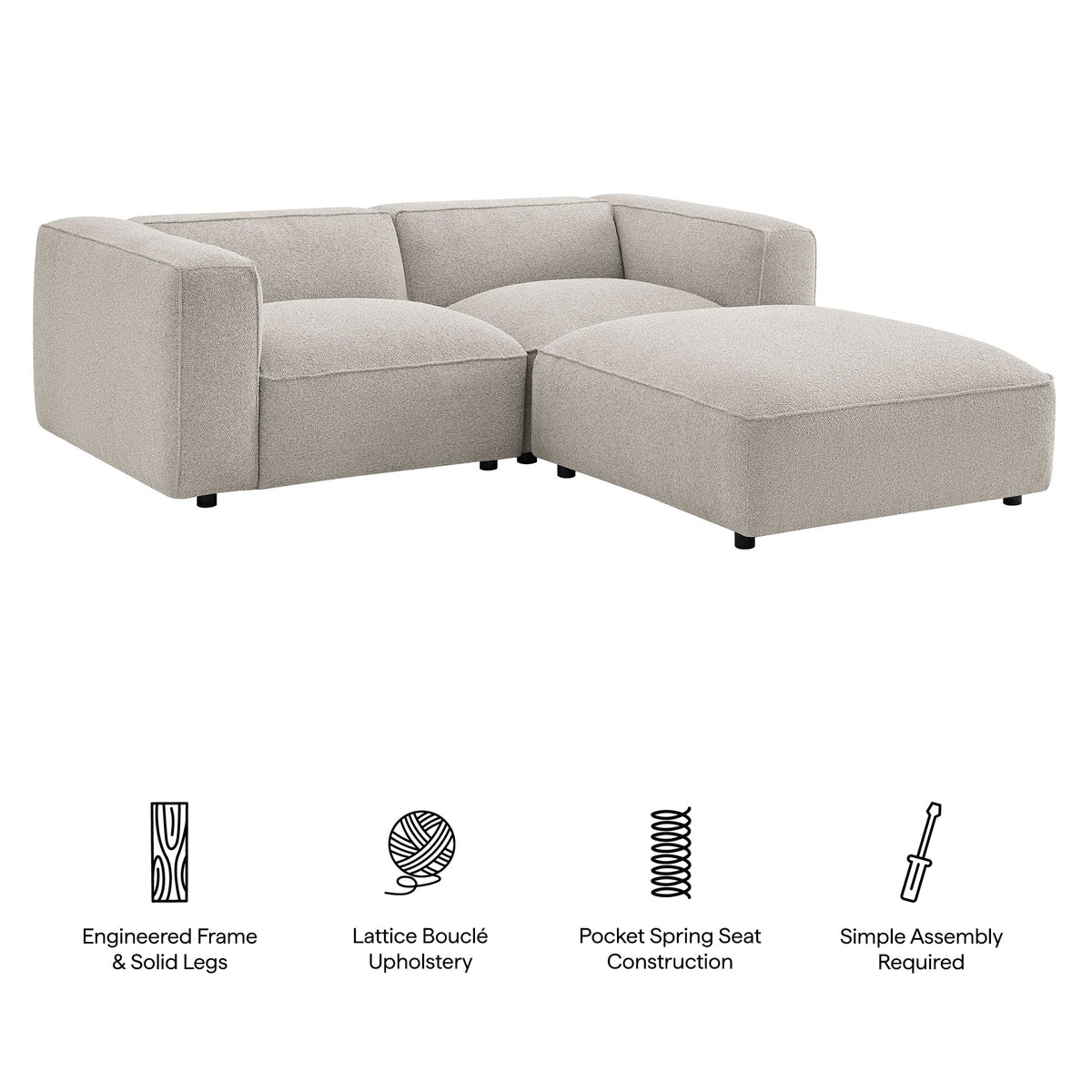 Auren 3 Piece Lattice Bouclé Upholstered Modular Loveseat with Ottoman by Modway, photo 16 of 21