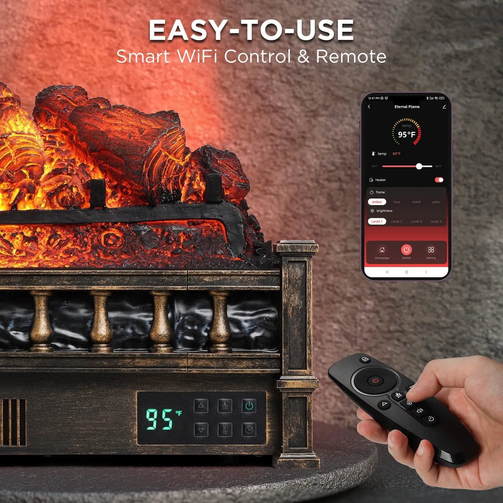 (Open Box) Eternal Flame EF26-PB Smart Electric Fireplace Logs, WiFi Enabled by TURBRO