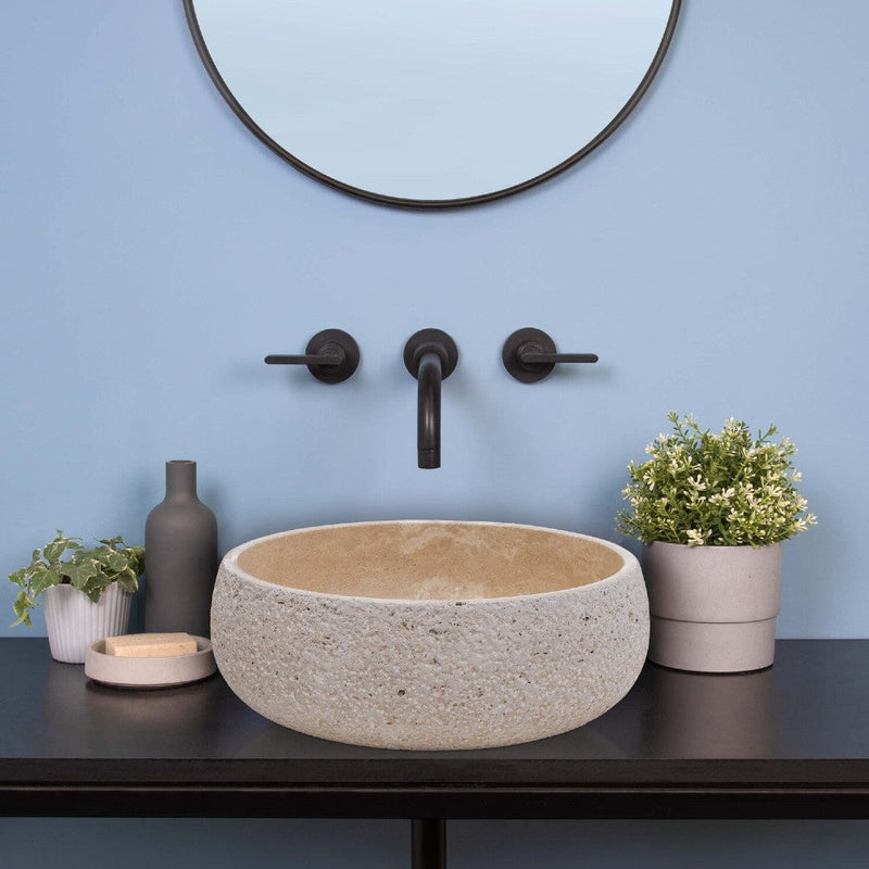 Light Beige Travertine Vessel Bathroom Sink Polished Inside and Sandblasted Outside (D)16" (H)6" by GobekDesign