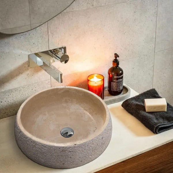 Light Beige Travertine Vessel Bathroom Sink - Polished 16 Inch