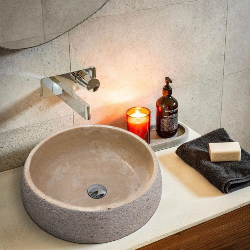 Light Beige Travertine Vessel Bathroom Sink Polished Inside and Sandblasted Outside (D)16" (H)6" by GobekDesign