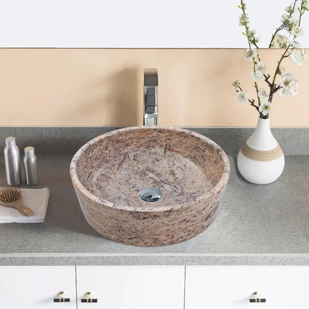 Silver Latte Travertine Handcrafted Natural Stone Round Vessel Sink - 16x5 Polished by GobekDesign