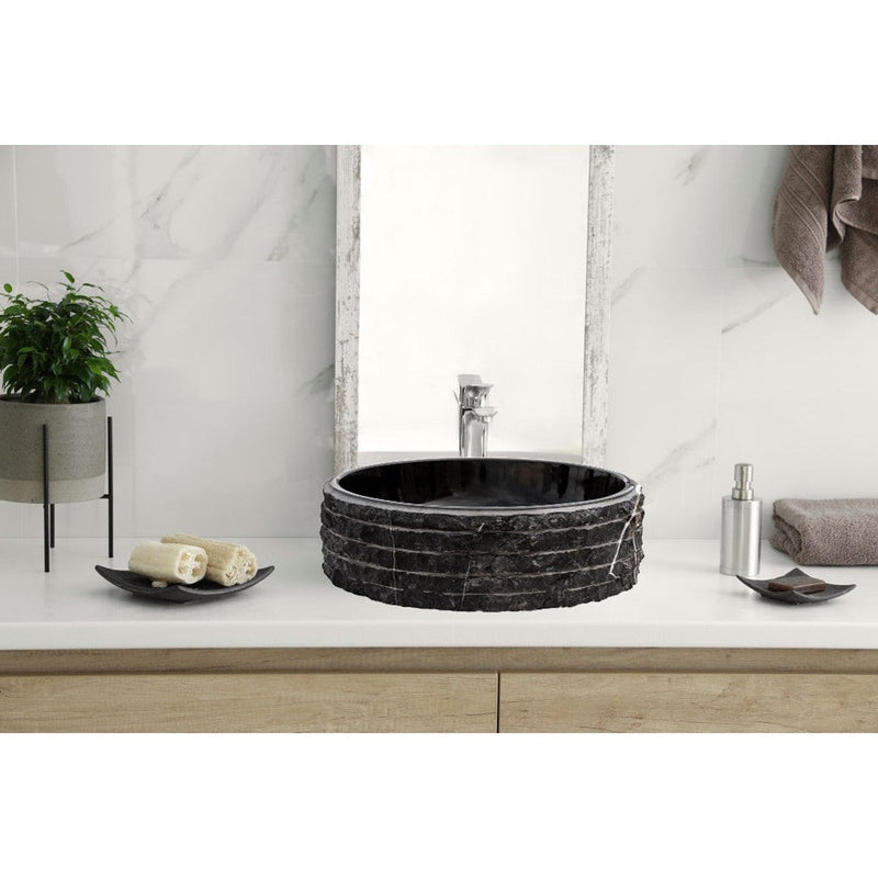 Toros Black Marble Vessel Bathroom Sink Bowl Polished Interior and Combed/Rough Exterior (D)16" (H)5" by GobekDesign