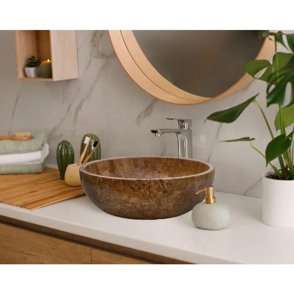 Noce Brown Travertine Undermount Circular Vessel Sink 16x6 Inch Polished and Filled by GobekDesign