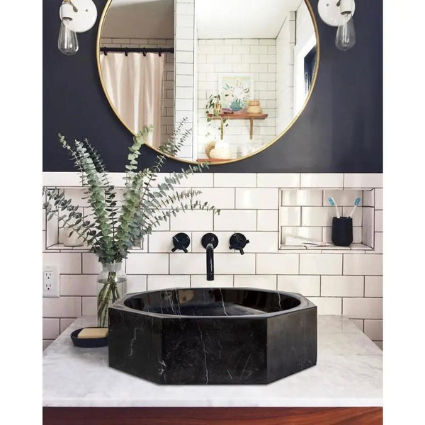 Black Marble Octagon Vessel Sink Bowl - Polished 16 x 5 Inches