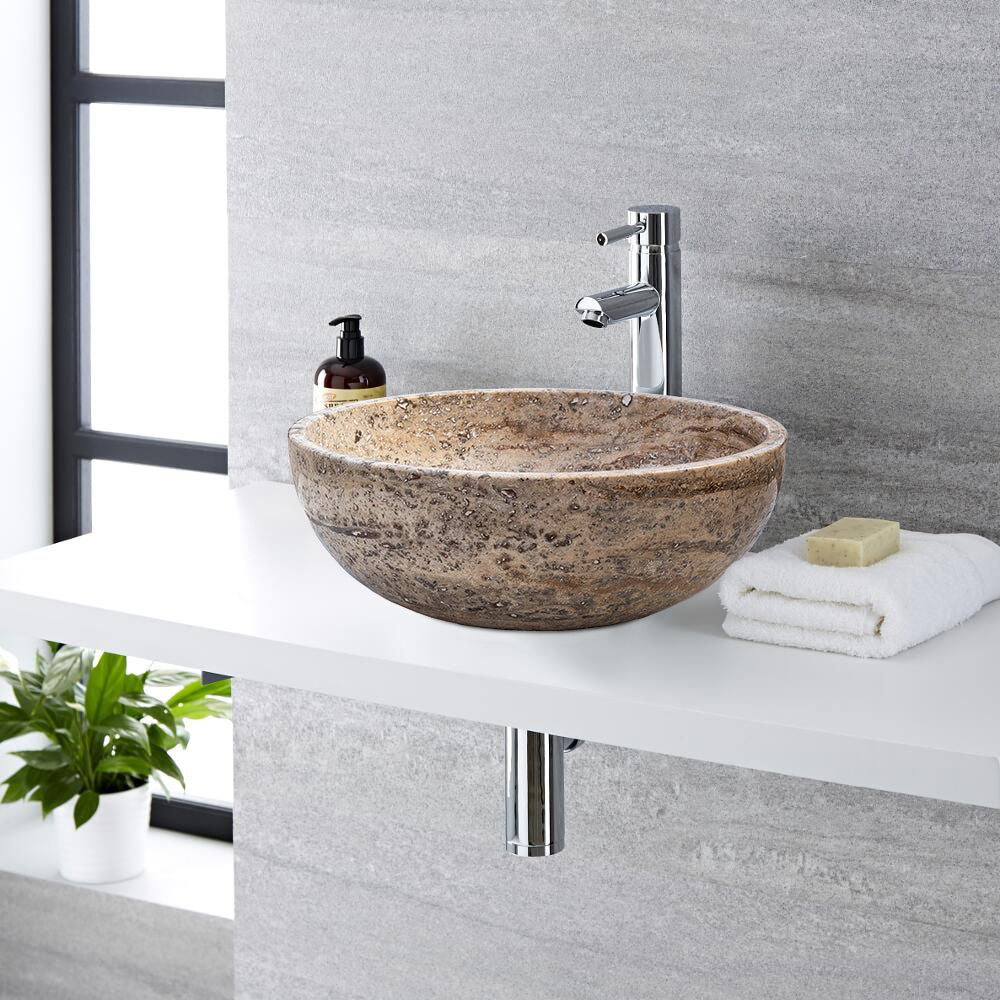 Valencia Beige Travertine Natural Stone Vessel Sink Filled and Polished (D)16" (H)6" by GobekDesign