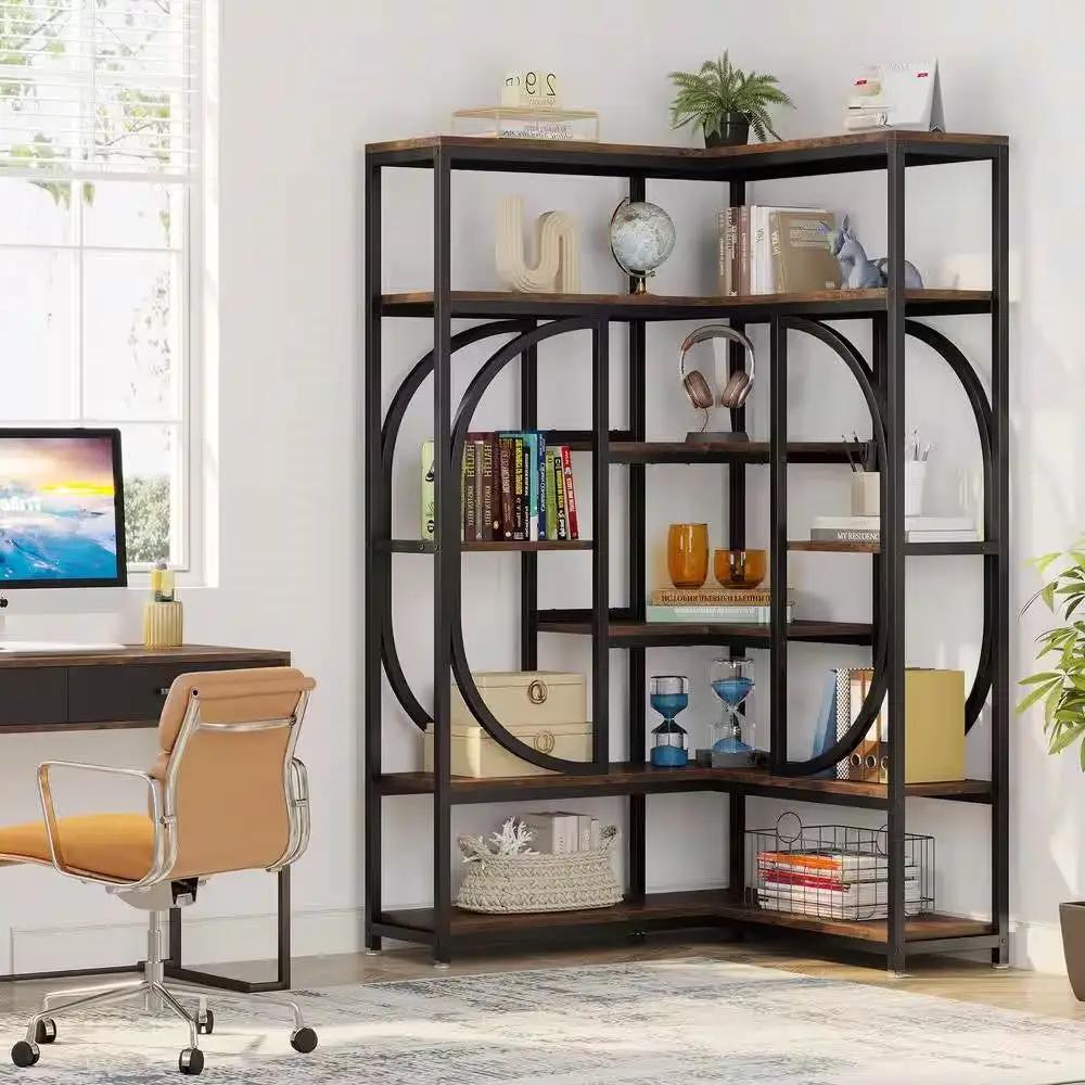 67-inch Tall Modern Industrial Metal Wood Corner Bookcase by HomePacific