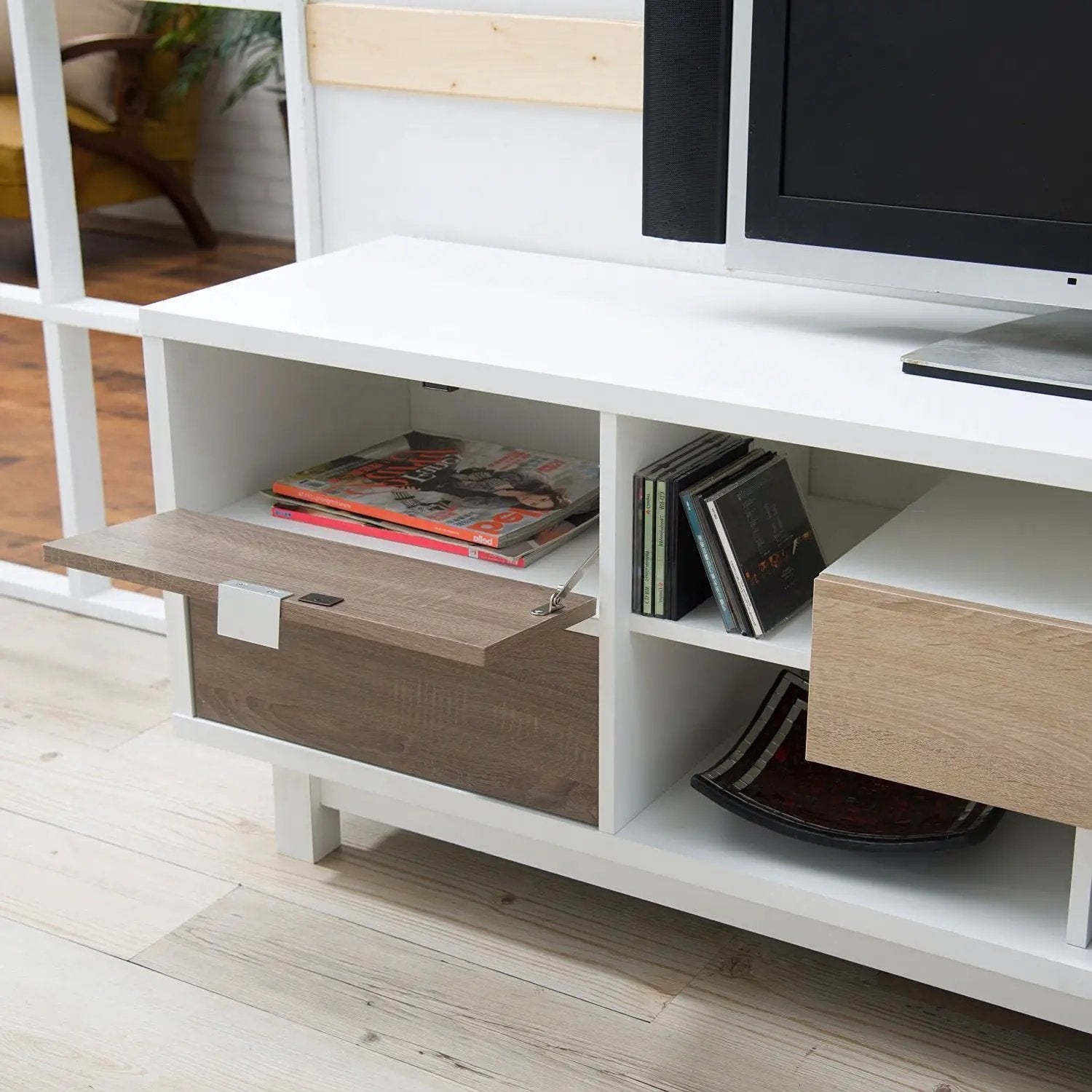 Modern 70-inch White TV Stand Entertainment Center with Natural Wood Accents by HomePacific