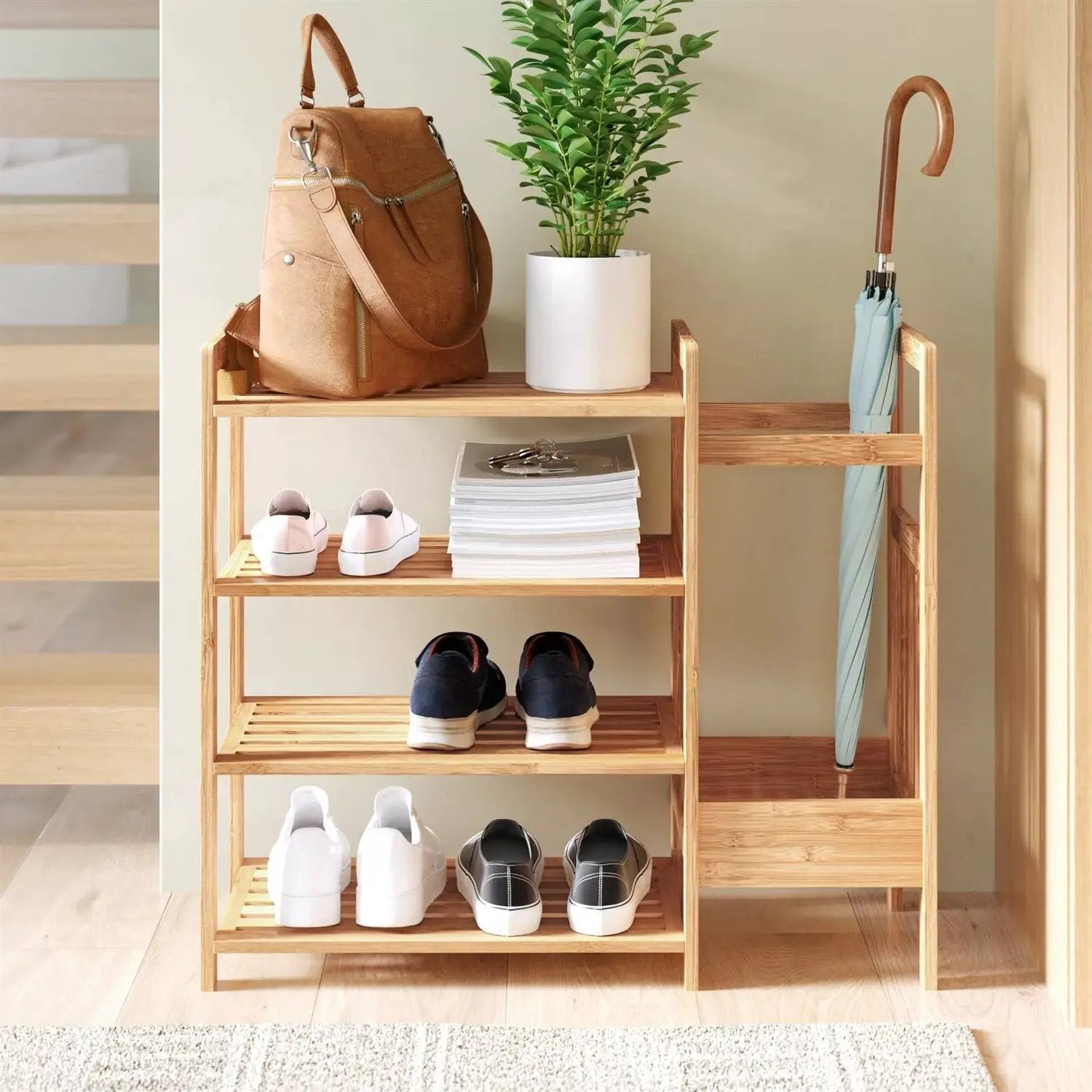 2-Shelf Entryway Shoe Rack Bench with Bla2-in-1 Entryway 4-Shelf Bamboo Shoe Rack and Umbrella Holderck Metal Frame and Brown Wood Top by HomePacific