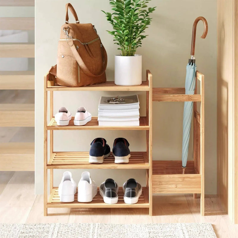 2-Shelf Entryway Shoe Rack Bench with Bla2-in-1 Entryway 4-Shelf Bamboo Shoe Rack and Umbrella Holderck Metal Frame and Brown Wood Top by HomePacific