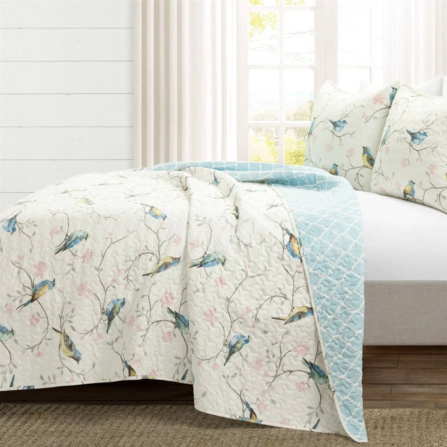 King Size Reversible Polyester Lightweight Floral Birds 3 Piece Quilt Set by HomePacific