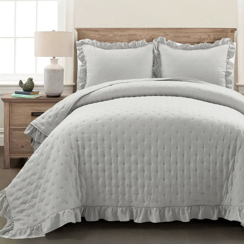 Full/Queen Lightweight Grey Ruffle Reversible Oversized 3 Piece Quilt Set by HomePacific