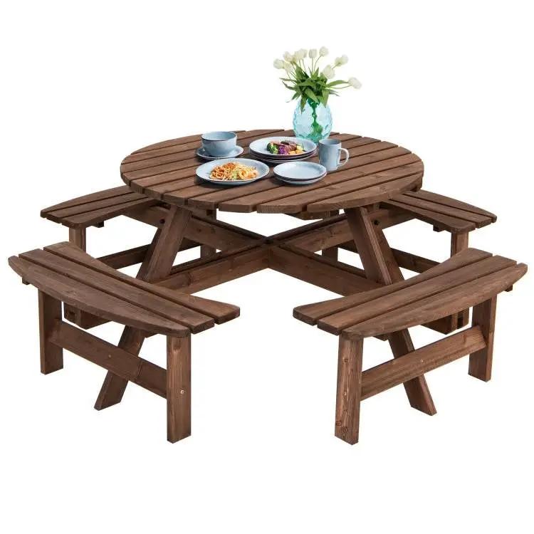 8-Set Outdoor Solid Wood Round Picnic Table with 4 Benches Patio Garden Dining Set by HomePacific