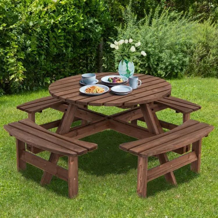 8-Set Outdoor Solid Wood Round Picnic Table with 4 Benches Patio Garden Dining Set by HomePacific