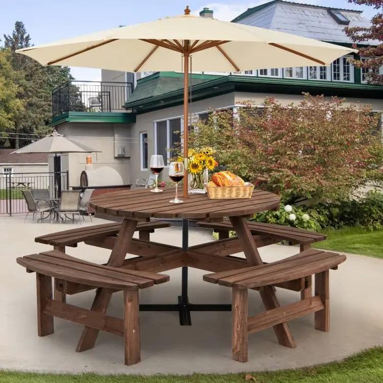 8-Set Outdoor Solid Wood Round Picnic Table with 4 Benches Patio Garden Dining Set by HomePacific