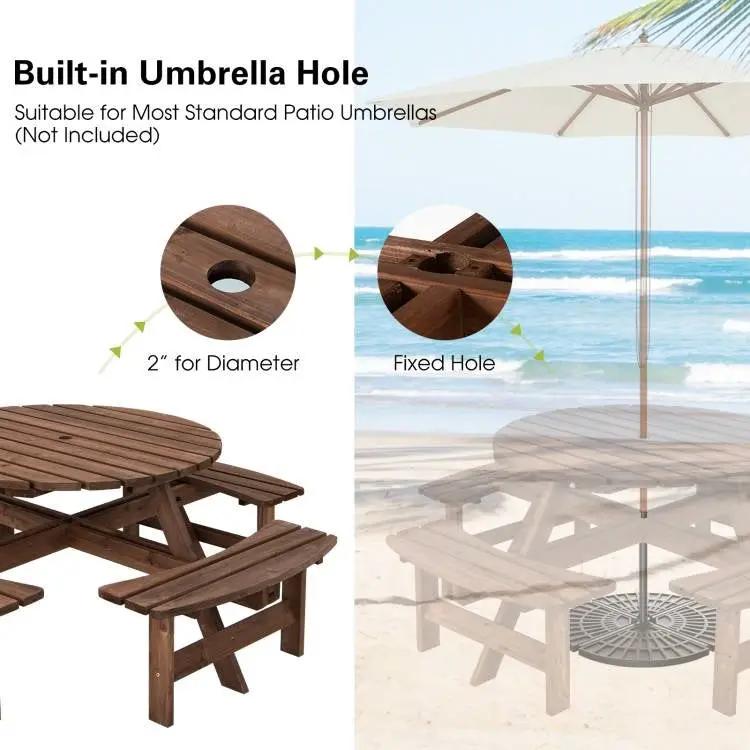 8-Set Outdoor Solid Wood Round Picnic Table with 4 Benches Patio Garden Dining Set by HomePacific