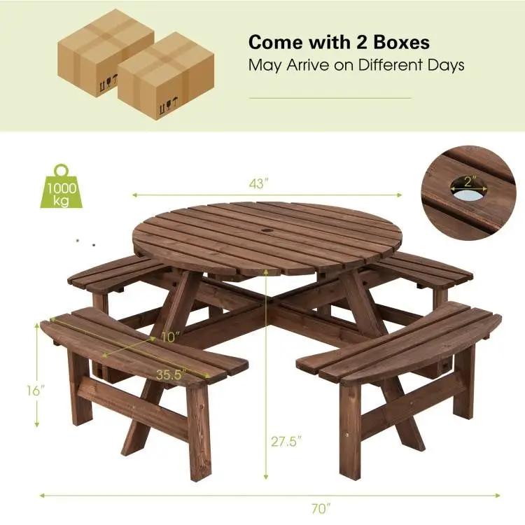 8-Set Outdoor Solid Wood Round Picnic Table with 4 Benches Patio Garden Dining Set by HomePacific