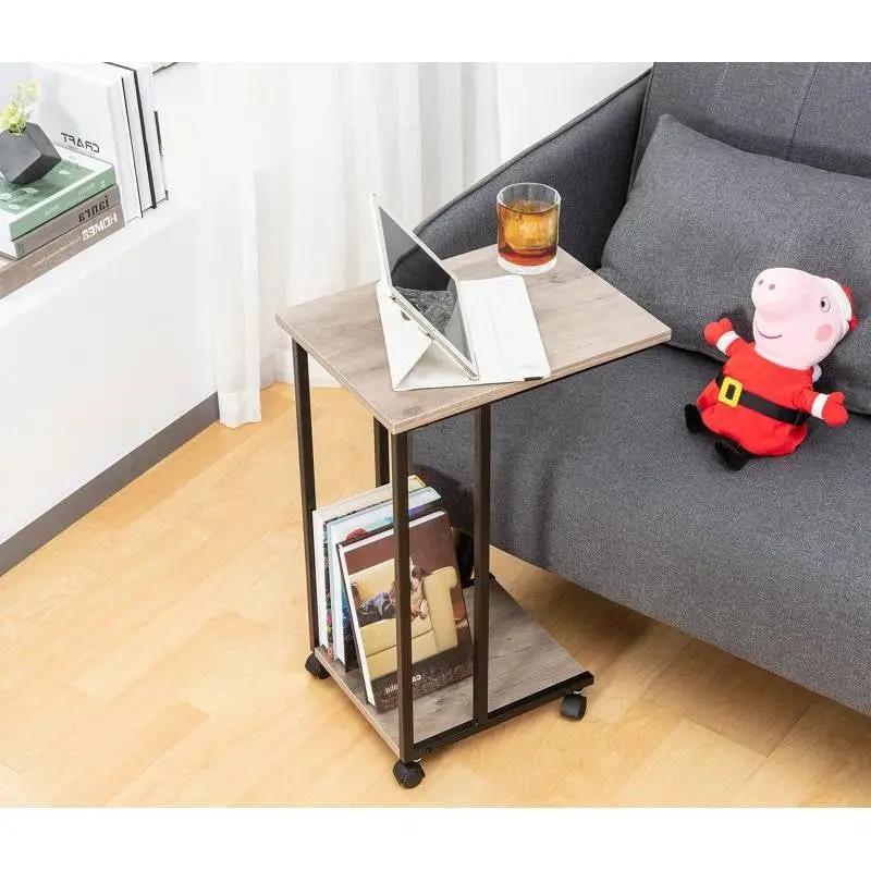 Modern Industrial Style Metal Wood TV Tray Bedside Table with Removable Casters by HomePacific