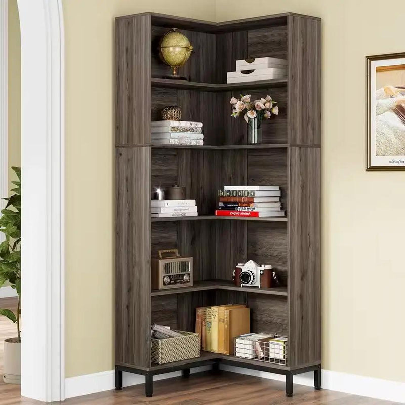 71-inch High Corner Bookcase Bookshelf in Dark Gray Wood Finish by HomePacific