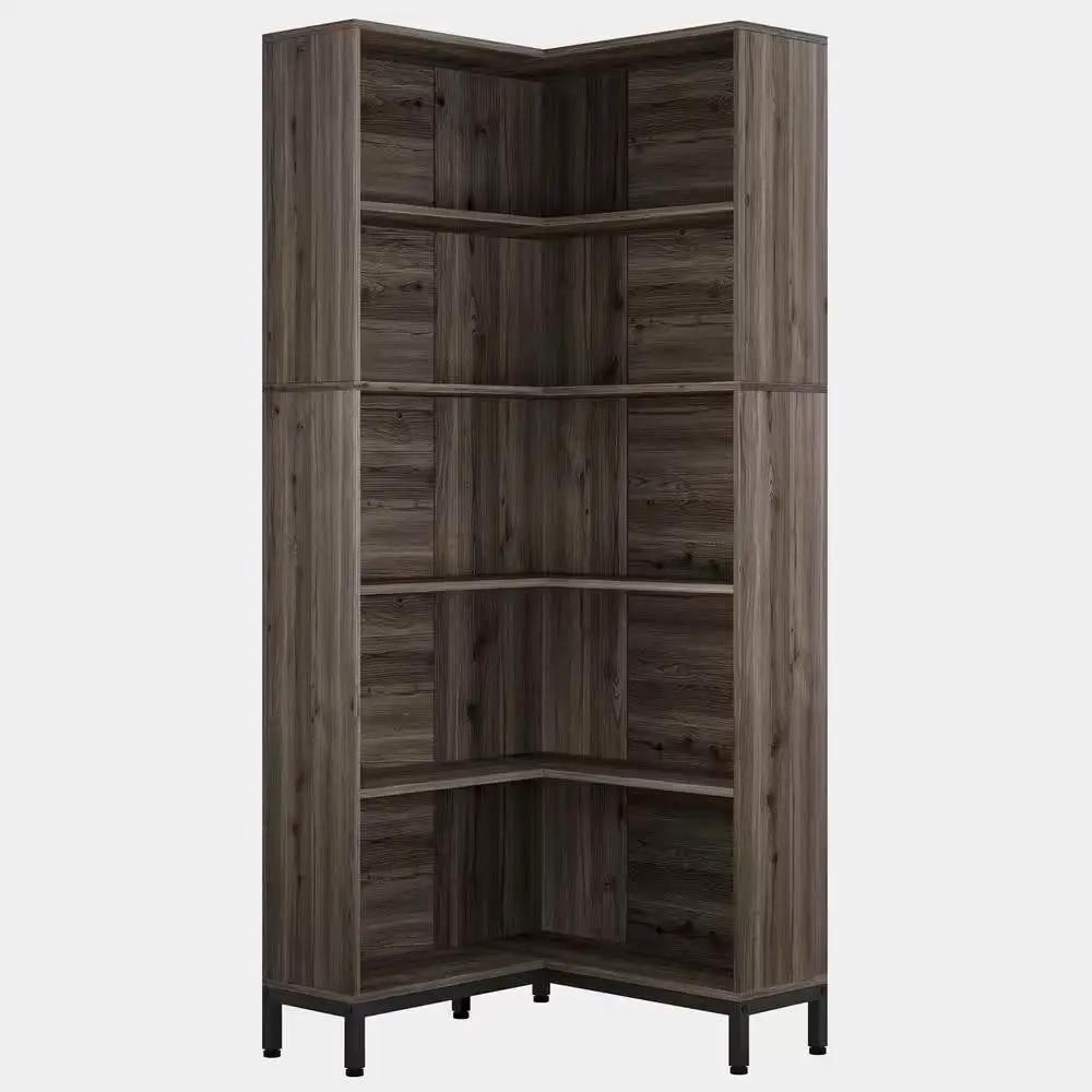 71-inch High Corner Bookcase Bookshelf in Dark Gray Wood Finish by HomePacific