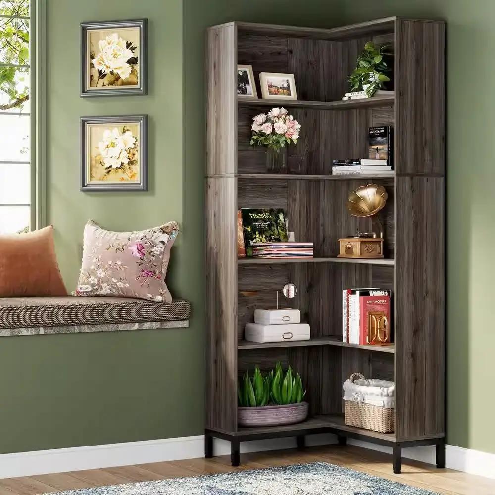 71-inch High Corner Bookcase Bookshelf in Dark Gray Wood Finish by HomePacific