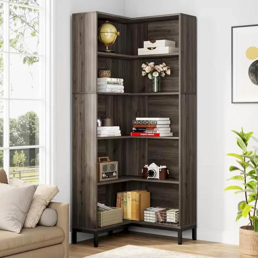 71-inch High Corner Bookcase Bookshelf in Dark Gray Wood Finish by HomePacific