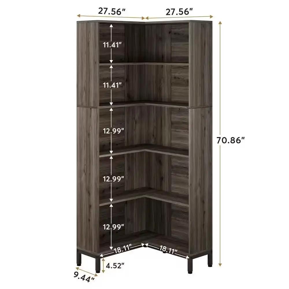 71-inch High Corner Bookcase Bookshelf in Dark Gray Wood Finish by HomePacific
